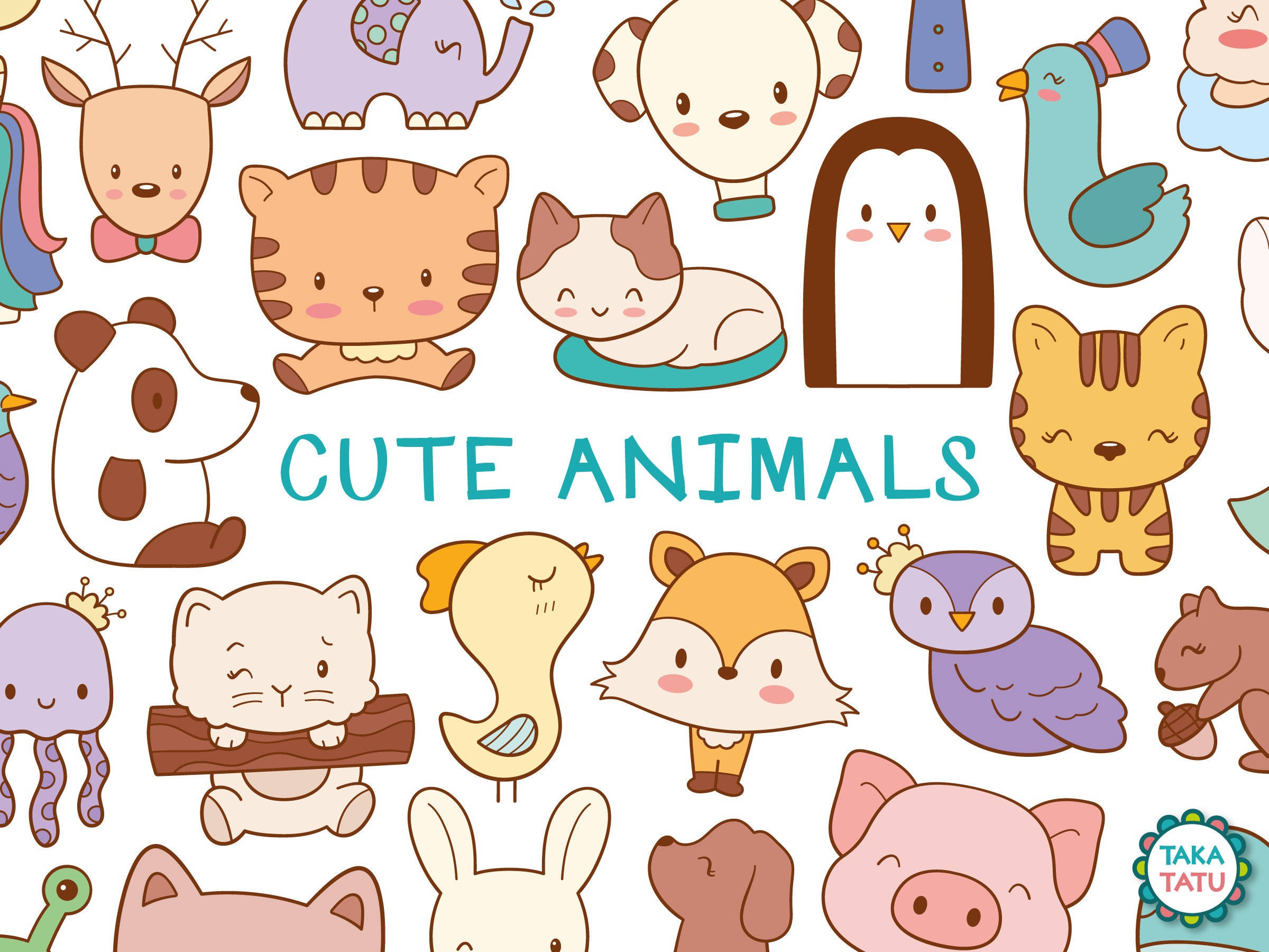 kawaii cute animals, pastel colors, cartoon animals, Full HD Desktop Wallpaper