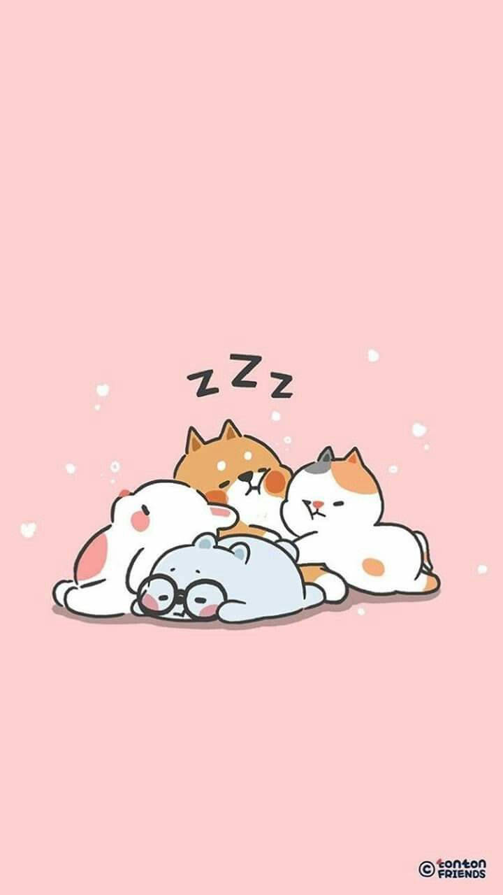 kawaii cute animals, cartoon animals, soft pink background, HD Phone Wallpaper