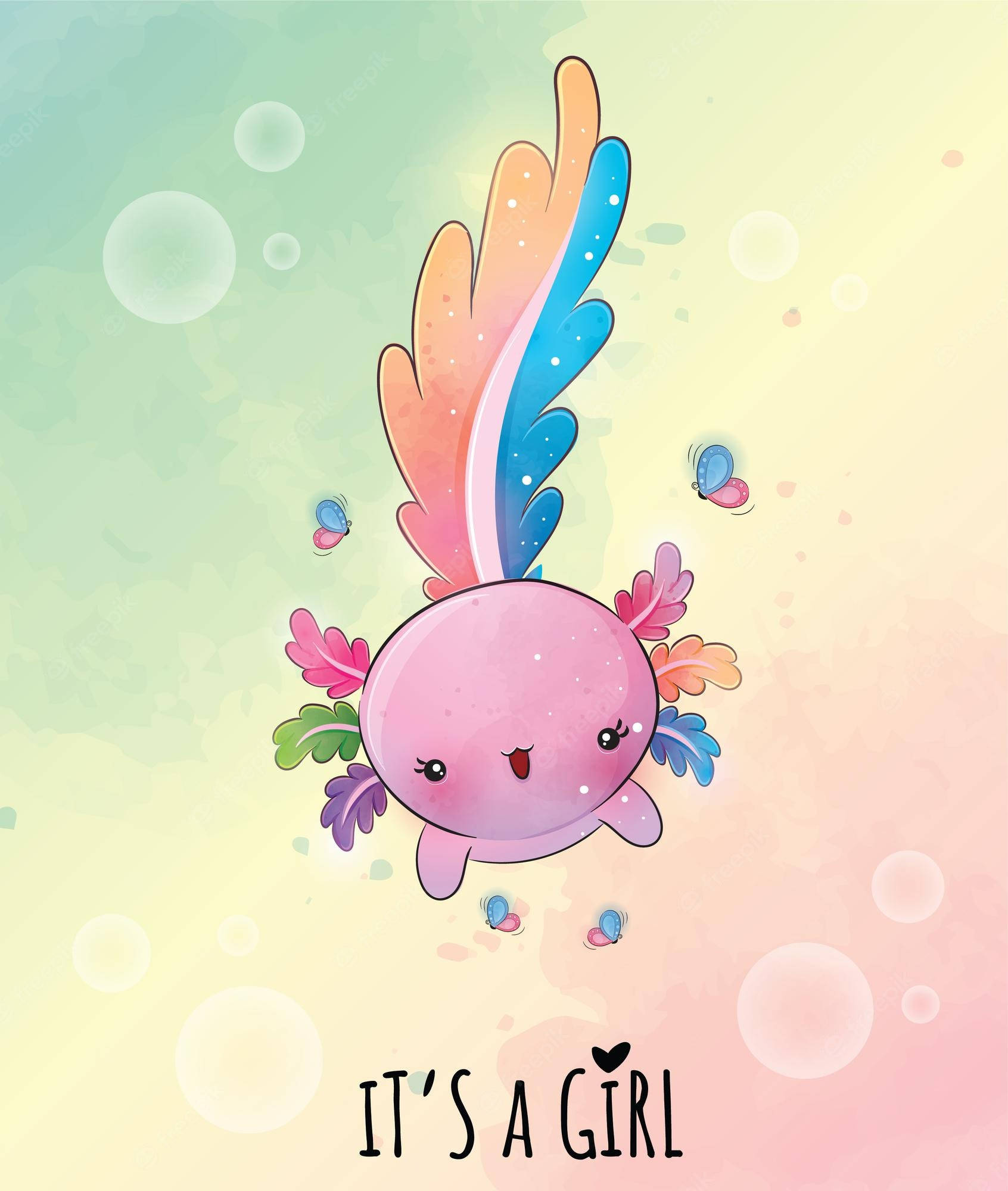 kawaii cute animals, pink axolotl, rainbow fins, Full HD Phone Wallpaper