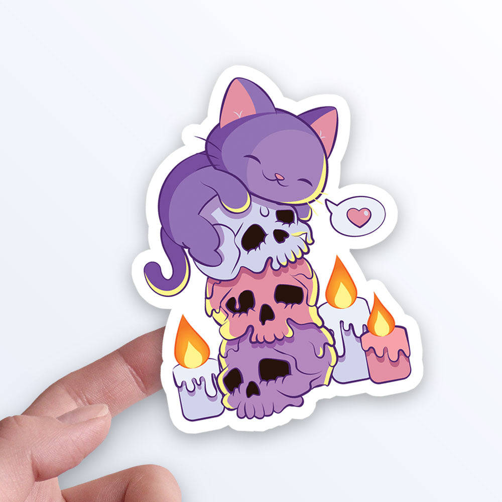 kawaii cute animals, purple cat, stacked skulls, SD Desktop Wallpaper