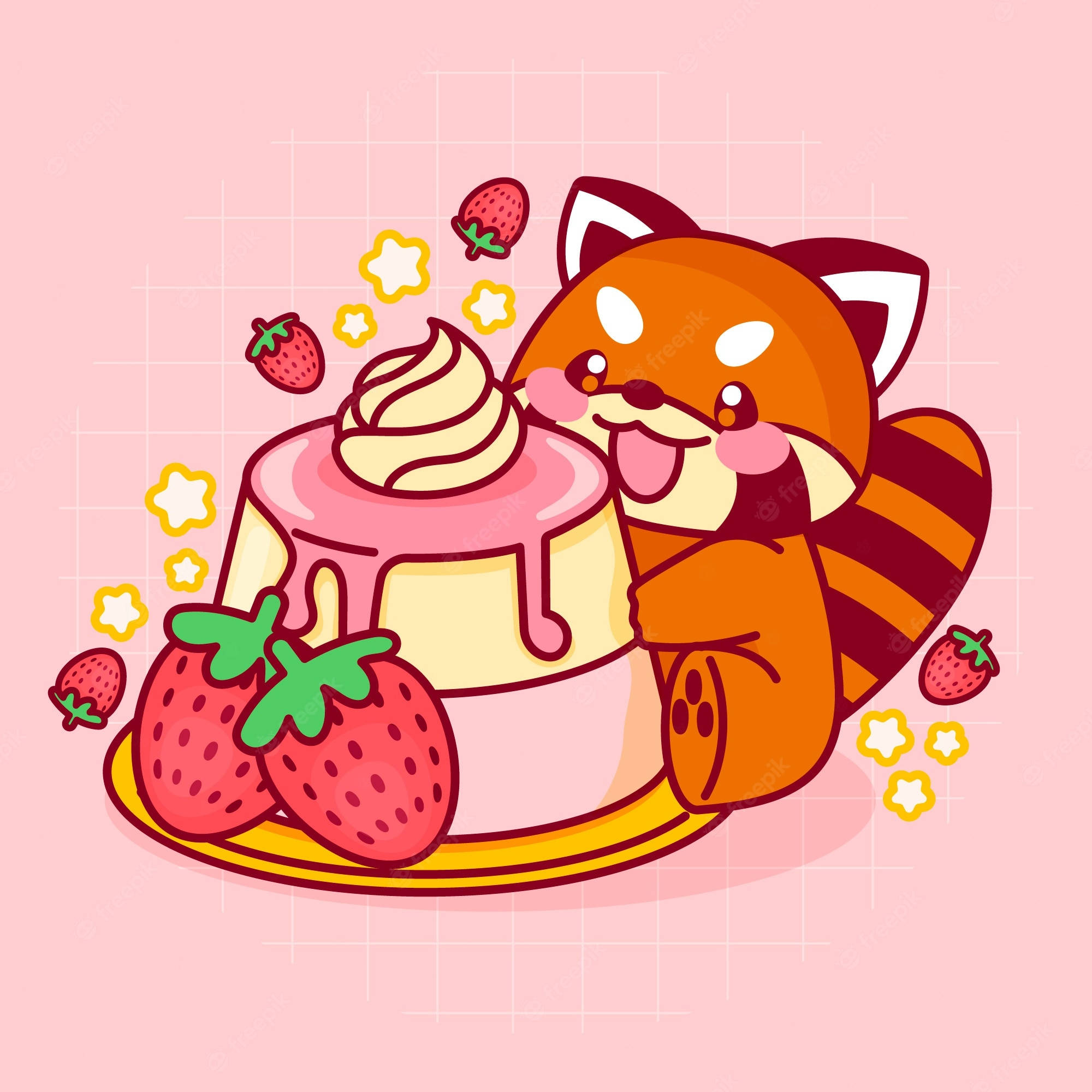 red panda, pink-frosted cake, strawberries, Full HD Desktop Wallpaper