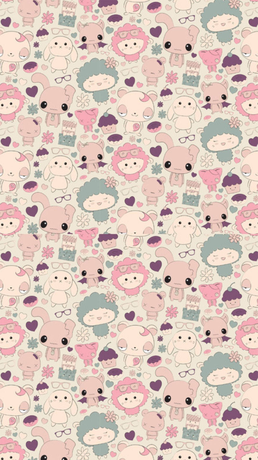 kawaii animals pattern, cute kawaii animal pattern, pastel-colored cartoon animals, Full HD Phone Wallpaper