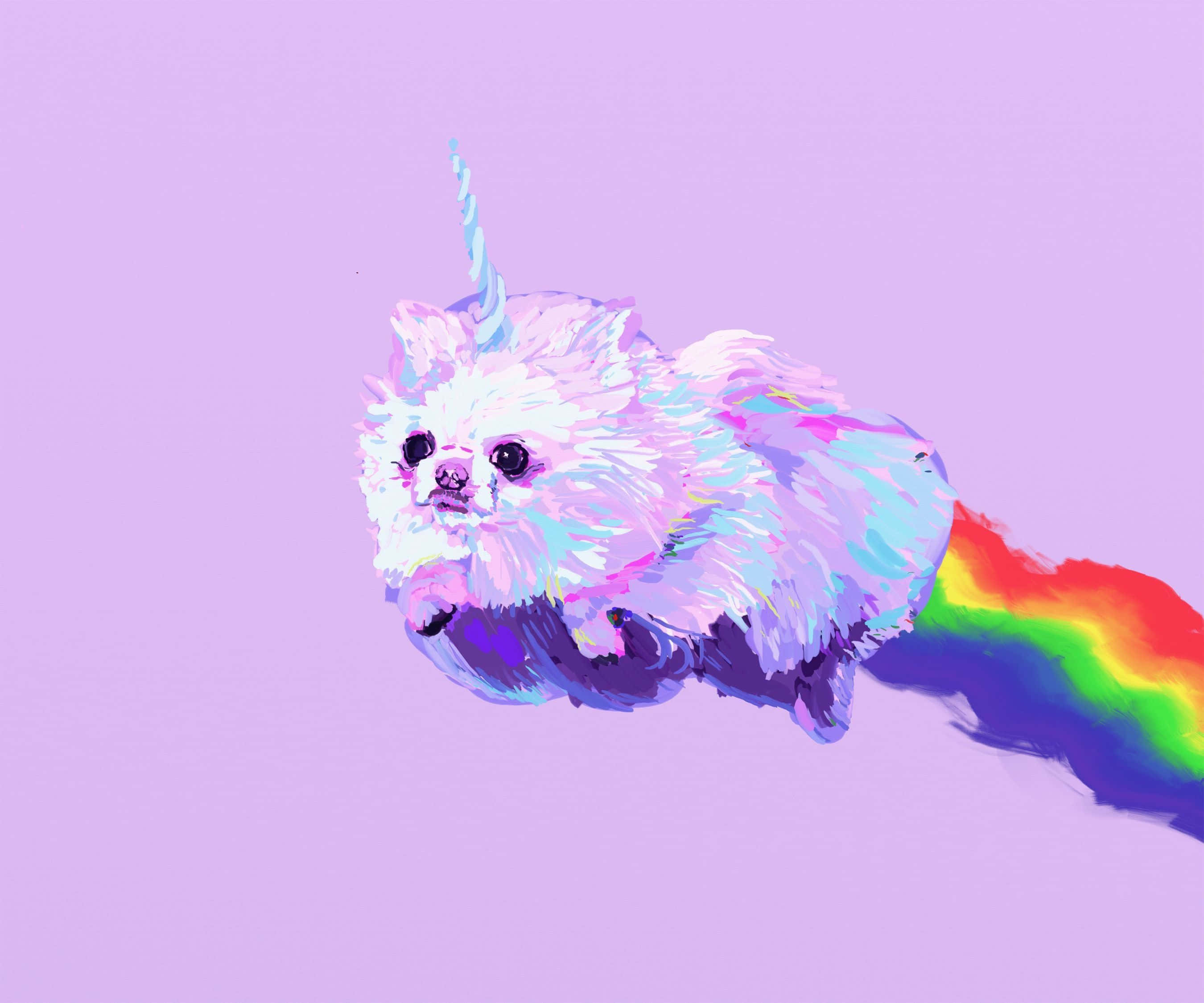 kawaii dog, fluffy white dog, unicorn horn, 2K Desktop Wallpaper