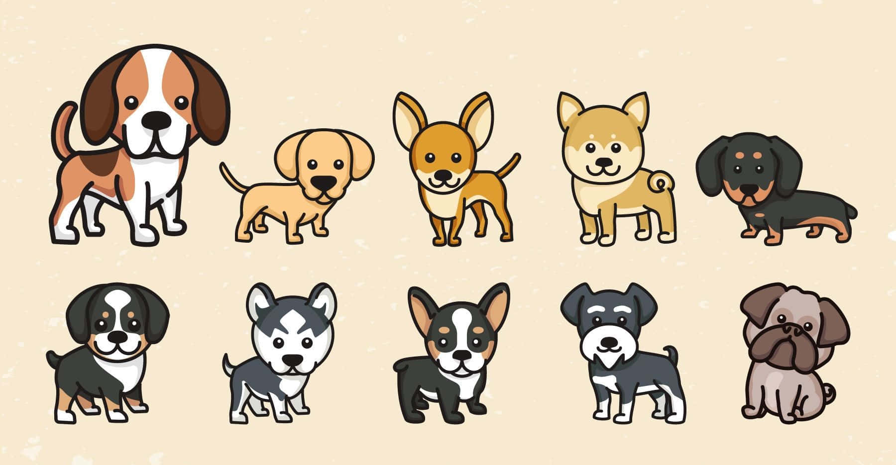 kawaii dog, cartoon-style dog breeds, soft pastel backgrounds, HD Desktop Wallpaper