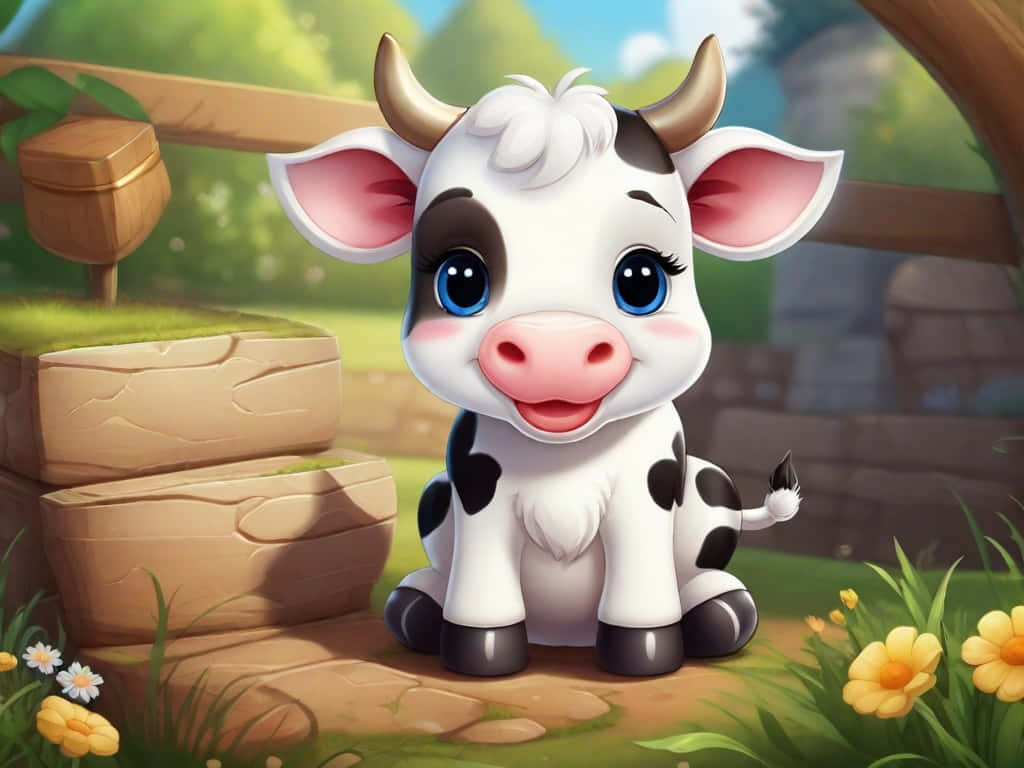 cartoon calf, big blue eyes, stone path, SD Desktop Wallpaper