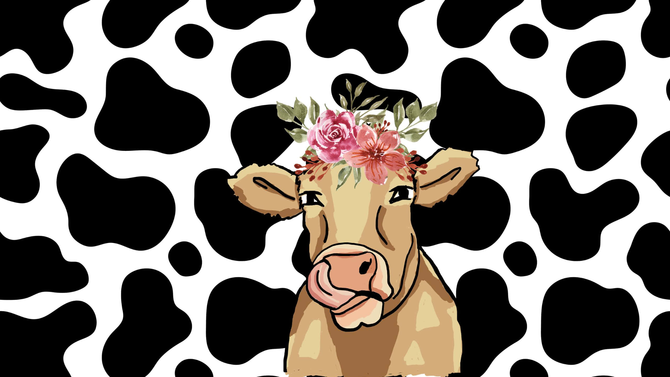 Cute Cow, pink floral crown, black and white spotted background, 2K Desktop Wallpaper