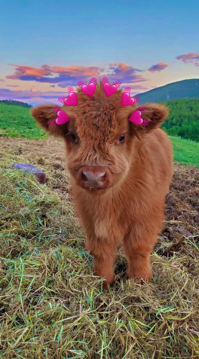 heart crowned baby cow, fluffy brown calf, grassy field, SD Phone Wallpaper