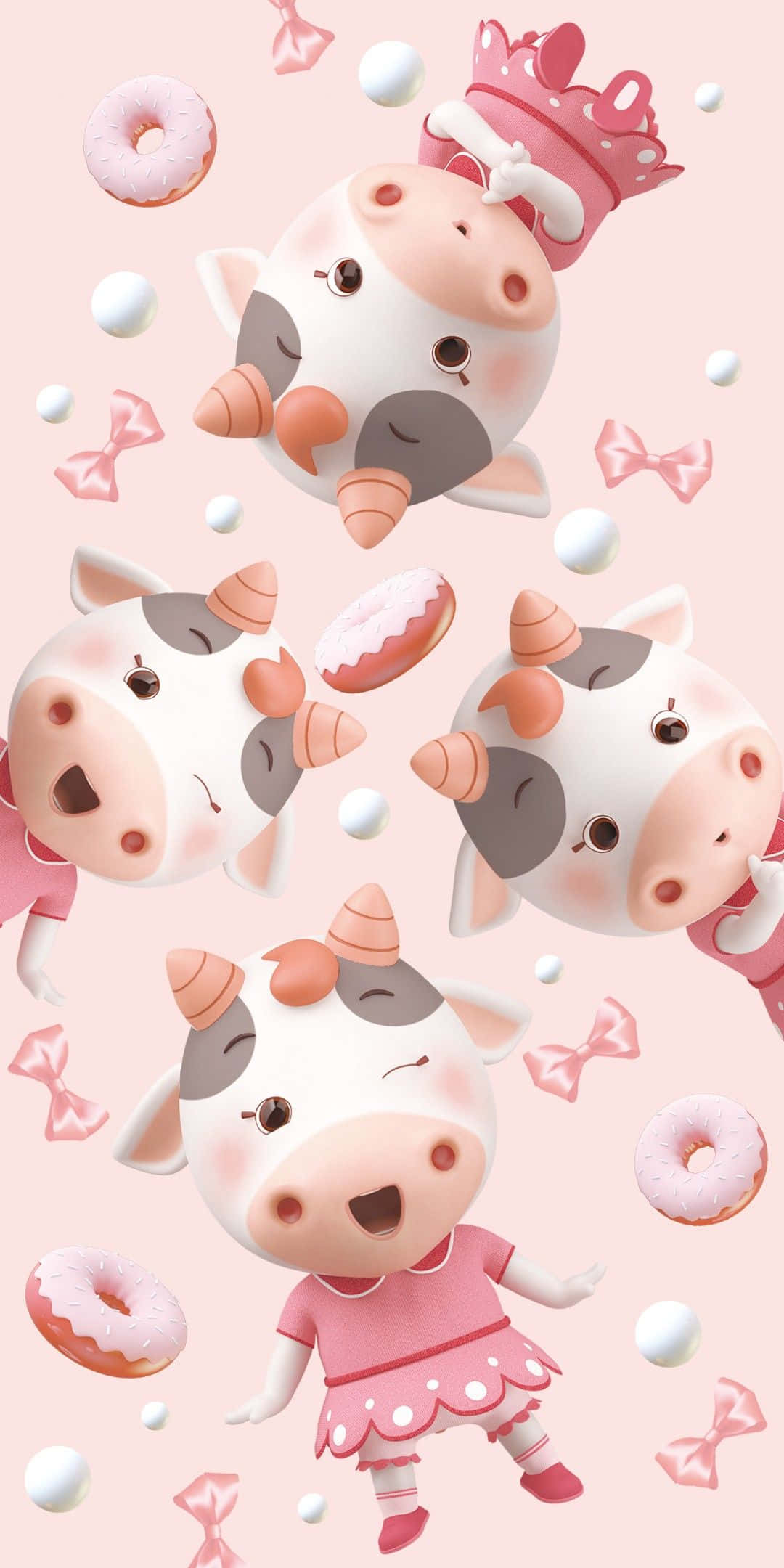 kawaii cute cow, 3d-rendered cartoon cows, pink outfits, Full HD Phone Wallpaper