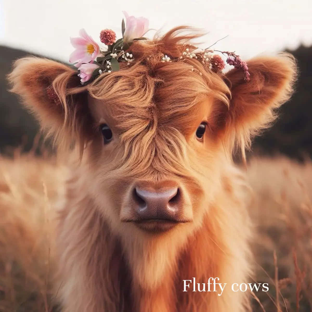 fluffy Highland calf, floral crown, golden field, SD Desktop Wallpaper