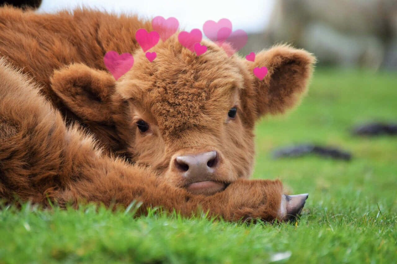 fluffy brown calf, vibrant green grass, floating pink hearts, HD Desktop Wallpaper