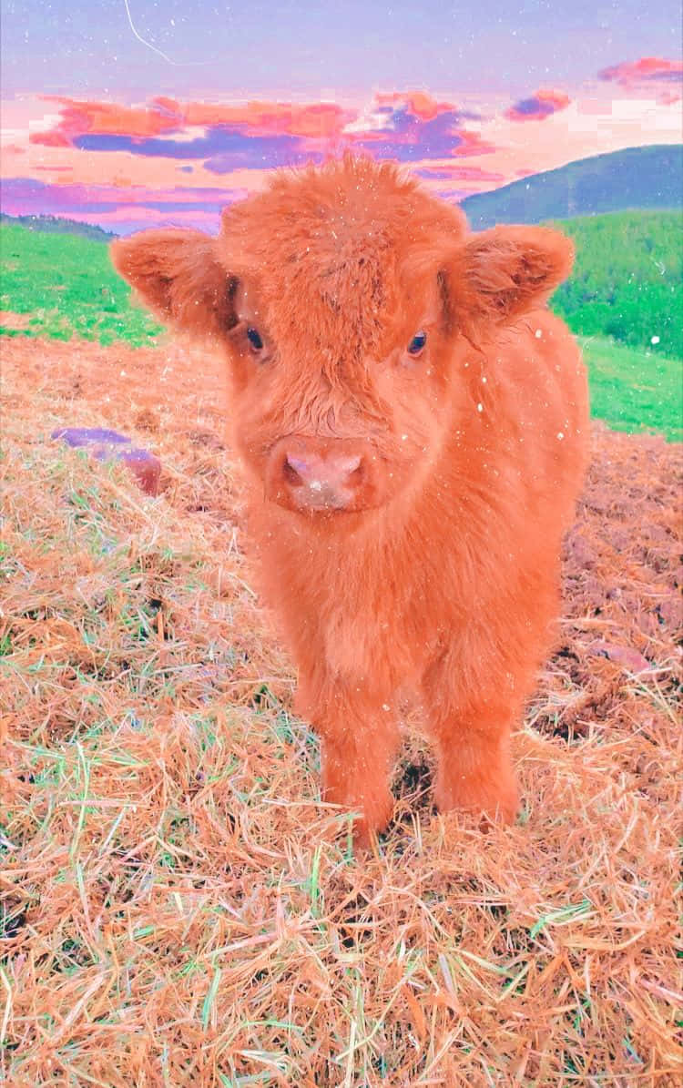 fluffy orange cow, pastel sky, vibrant pink and purple sunset sky, SD Phone Wallpaper
