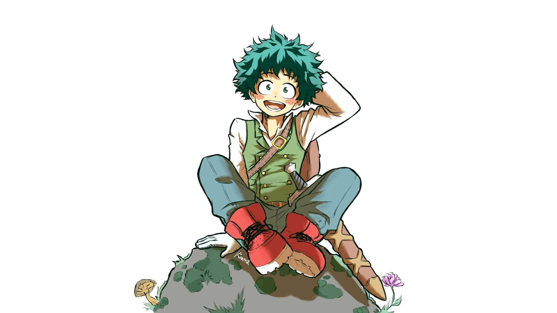 Kawaii Deku, spiky green hair, mossy rock, Full HD Desktop Wallpaper