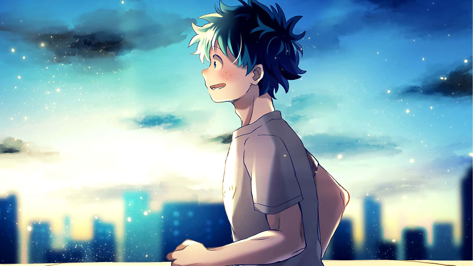 kawaii deku, spiky blue hair, rooftop, Full HD Desktop Wallpaper