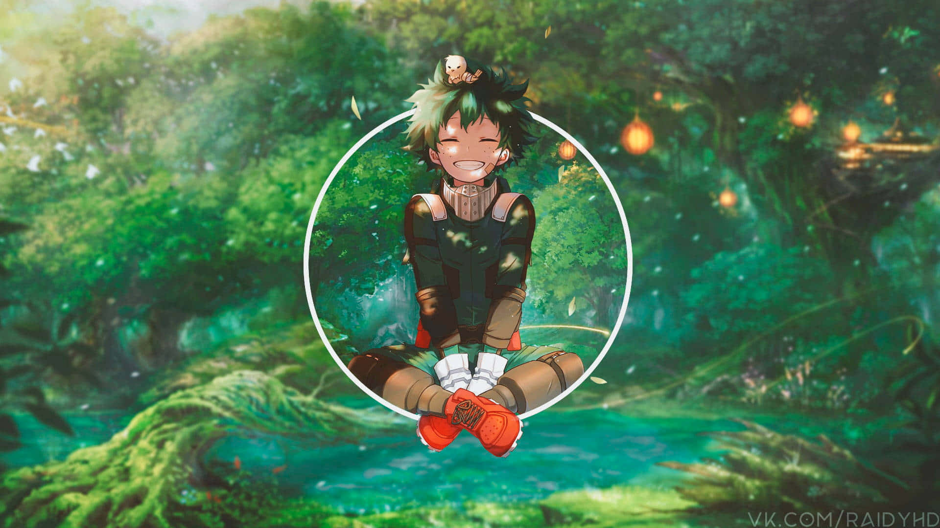 Kawaii Deku, green hair, glowing circle, Full HD Desktop Wallpaper