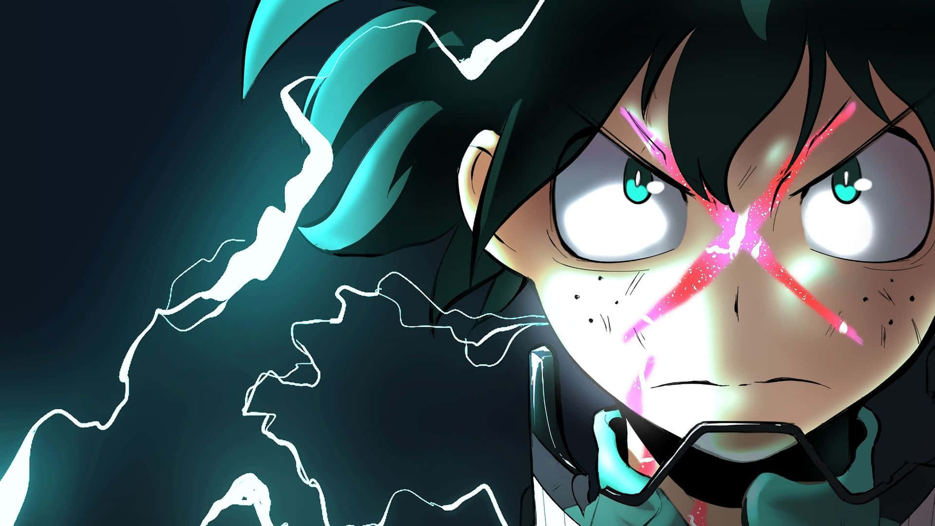 Kawaii Deku, glowing cyan eyes, electric blue hair, Full HD Desktop Wallpaper