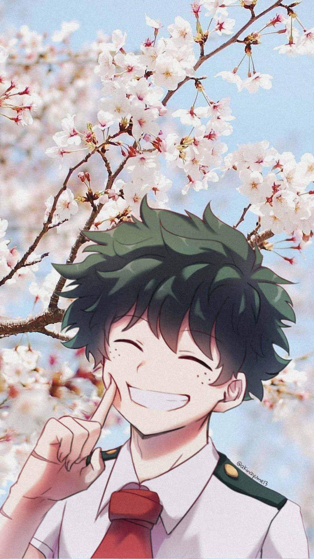 Kawaii Deku, green hair, cherry blossoms, Full HD Phone Wallpaper