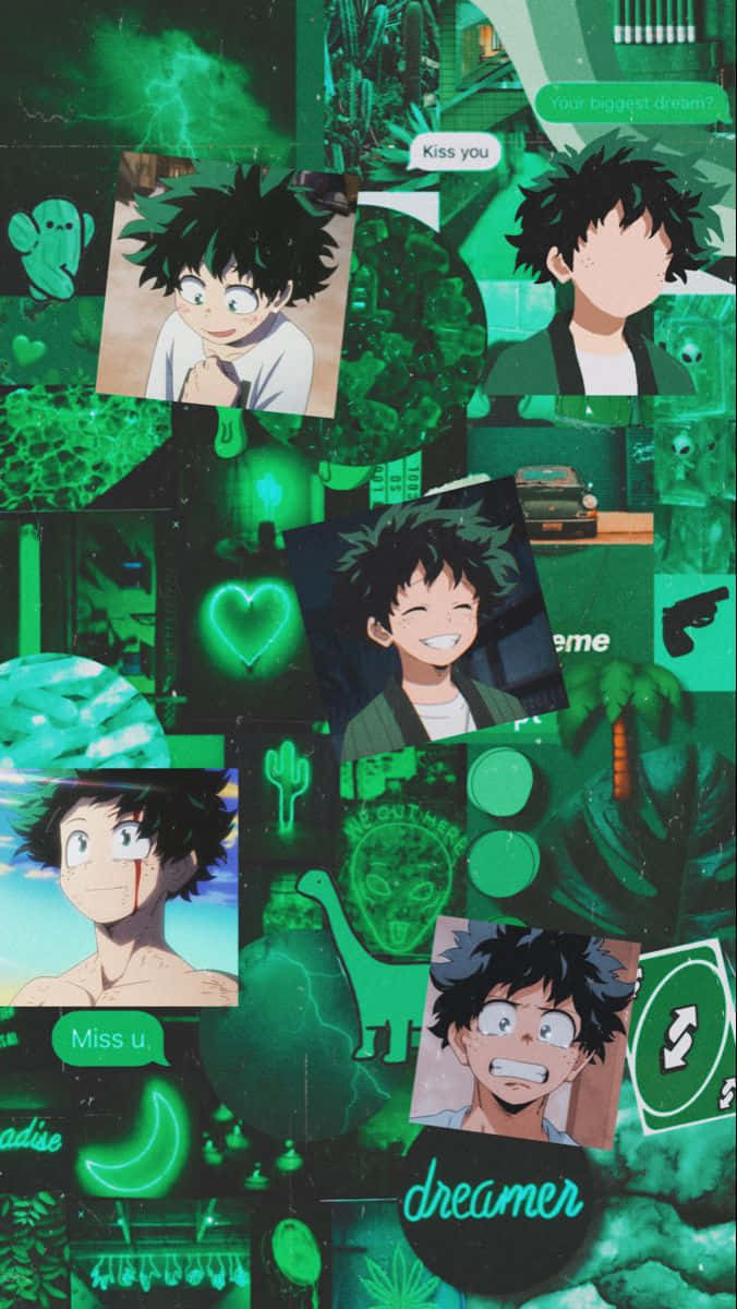Deku, spiky black hair, vibrant green-toned, SD Phone Wallpaper