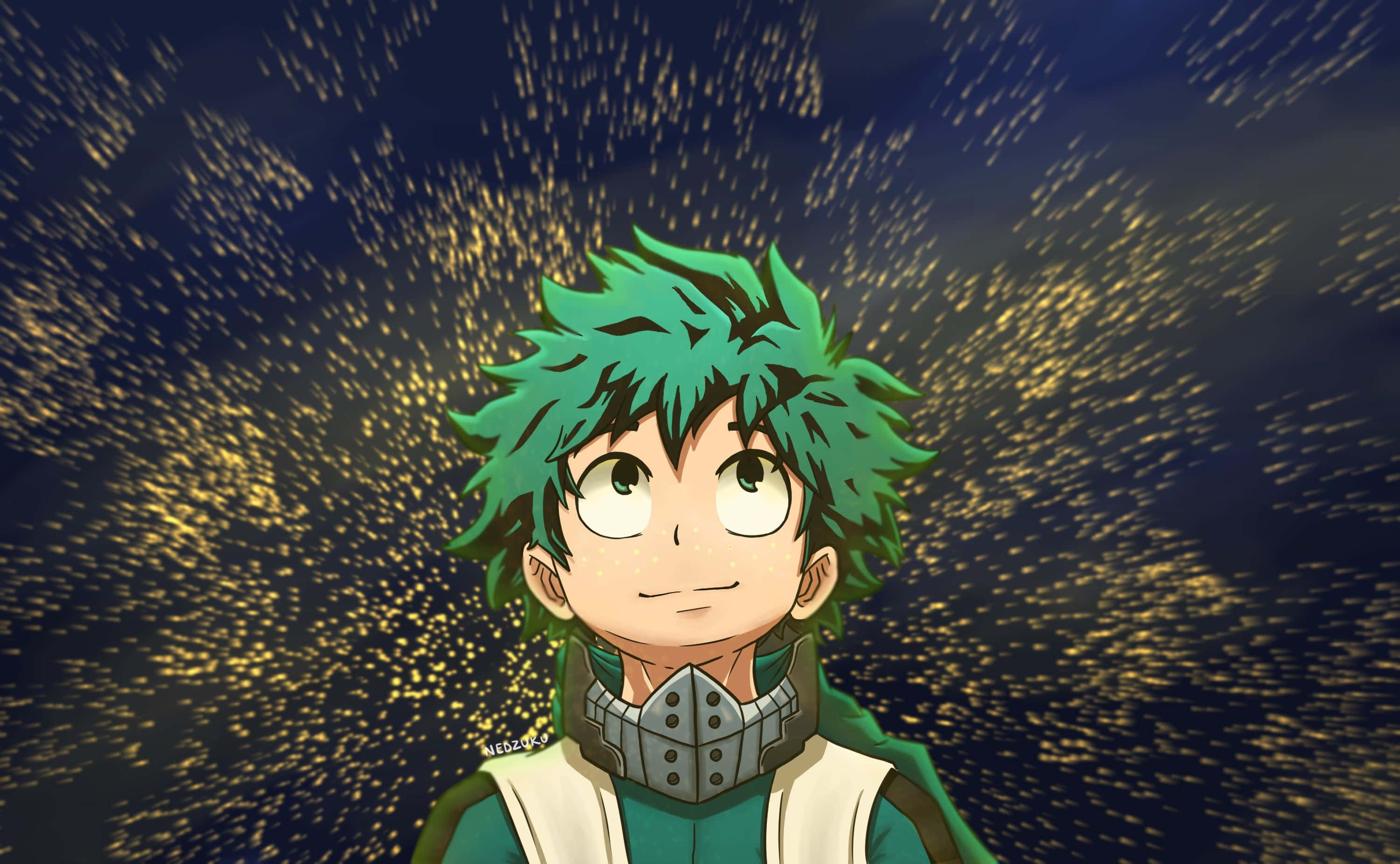 Kawaii Deku, spiky green hair, dark sky, 2K Desktop Wallpaper