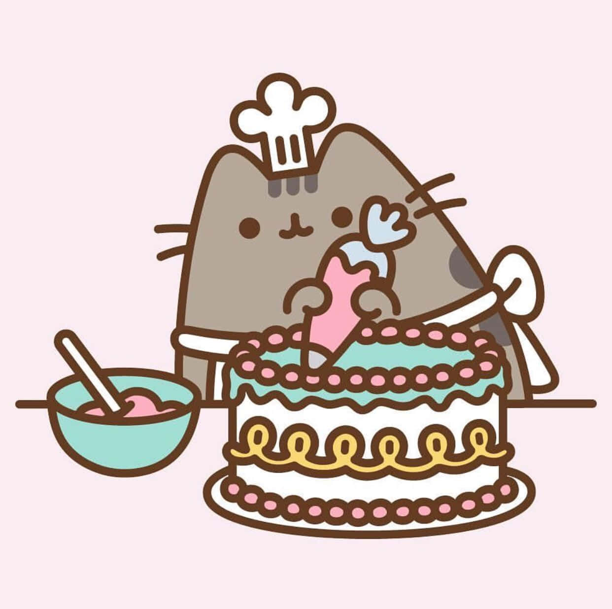 kawaii dessert, cartoon cat chef, layered cake, SD Desktop Wallpaper