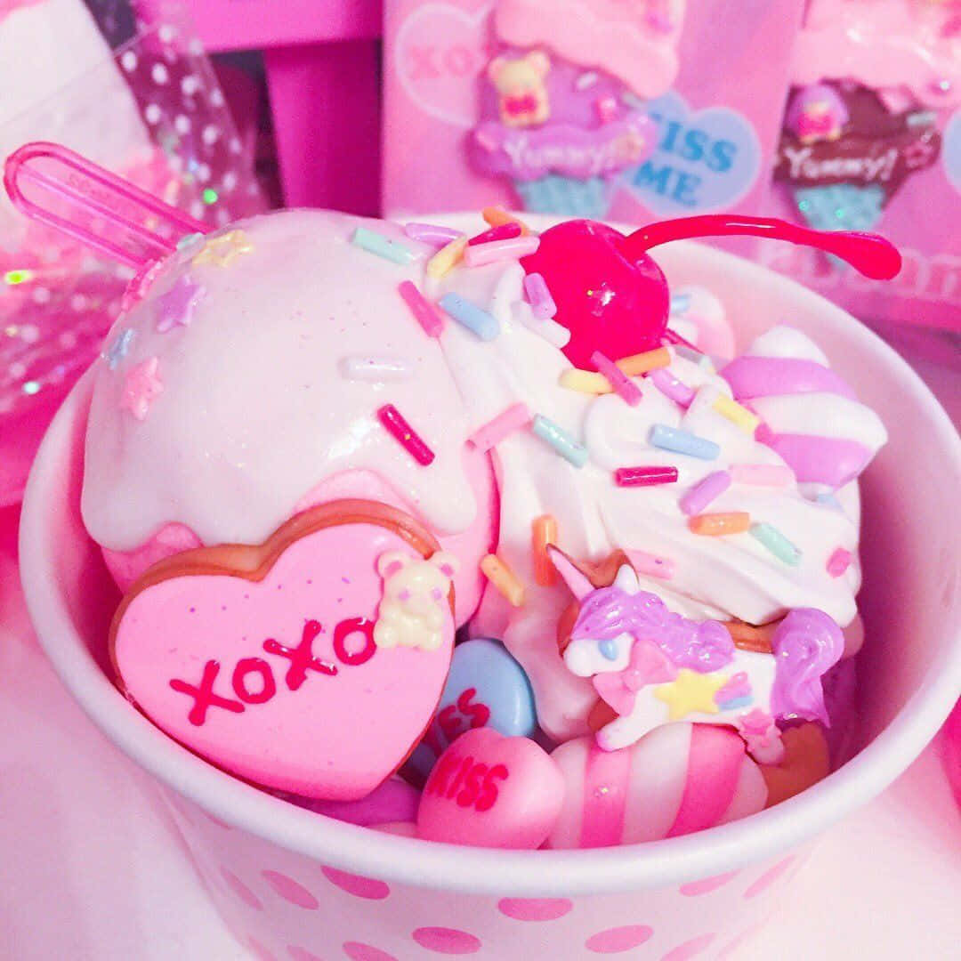 kawaii dessert, pink cup, candy hearts, SD Desktop Wallpaper