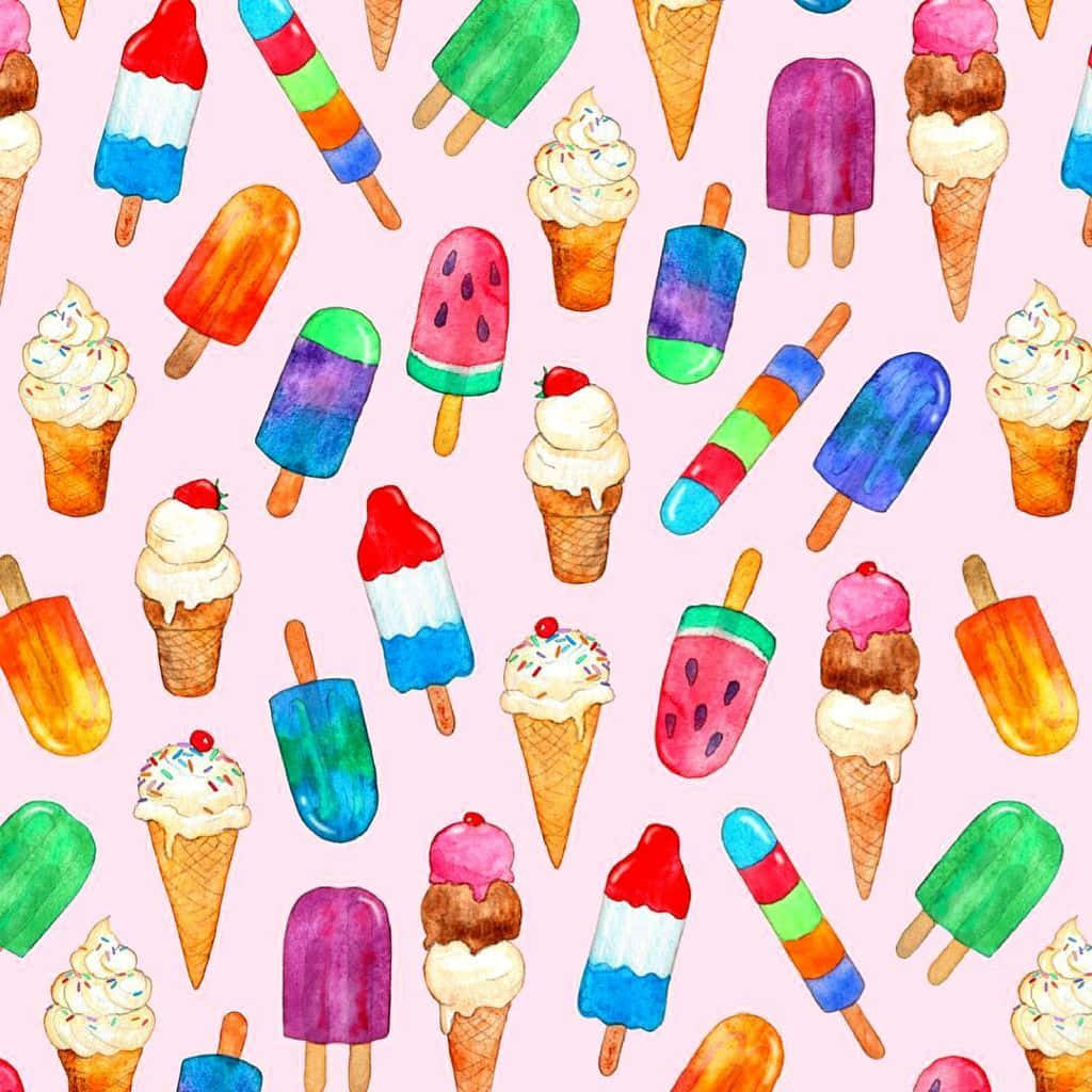 kawaii dessert, watercolor ice cream cones, popsicles, SD Desktop Wallpaper