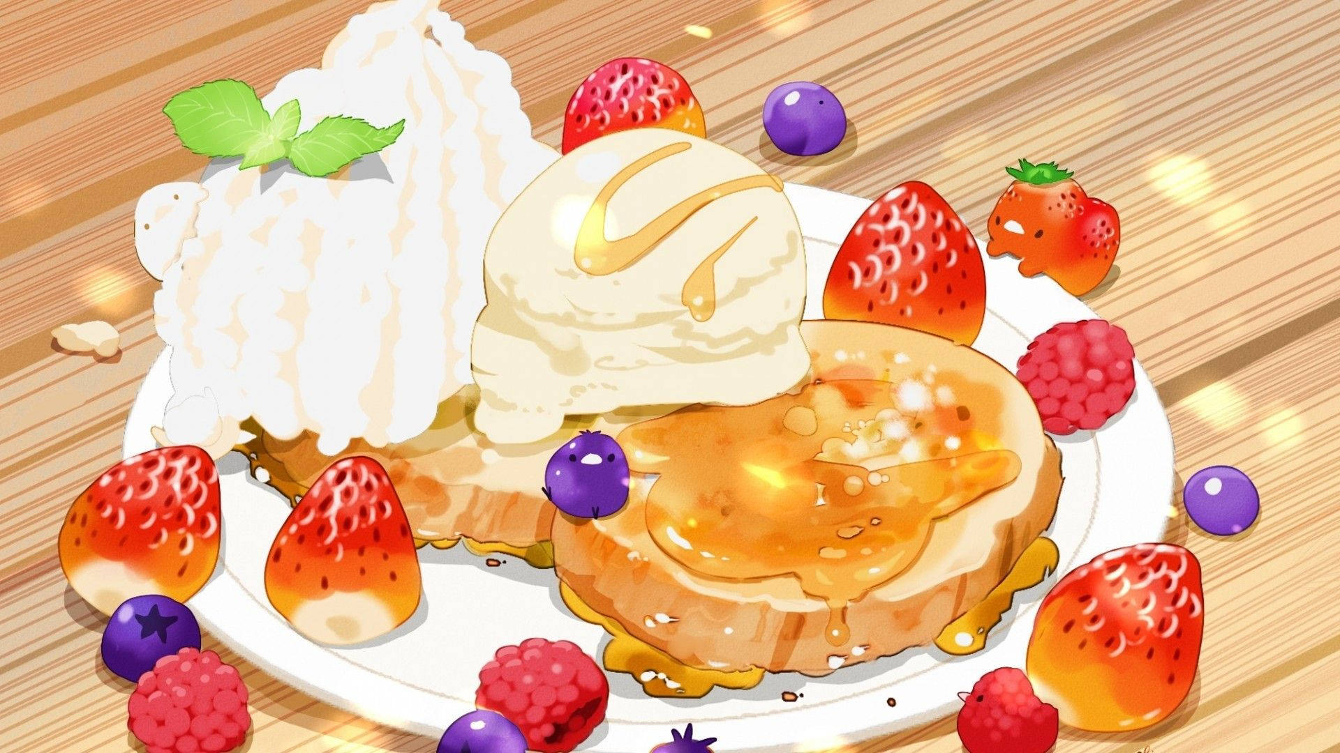 anime-style, golden pancakes, syrup ice cream, Full HD Desktop Wallpaper