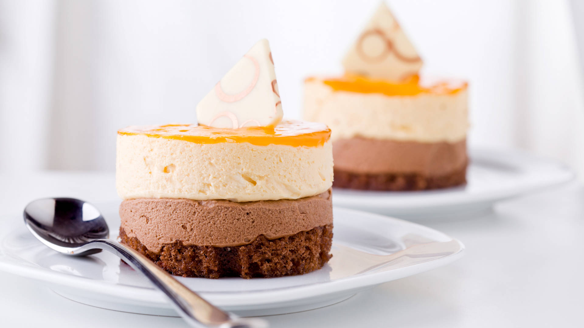 cheese and chocolate cake dessert, chocolate and vanilla cheesecakes, orange gel, Full HD Desktop Wallpaper