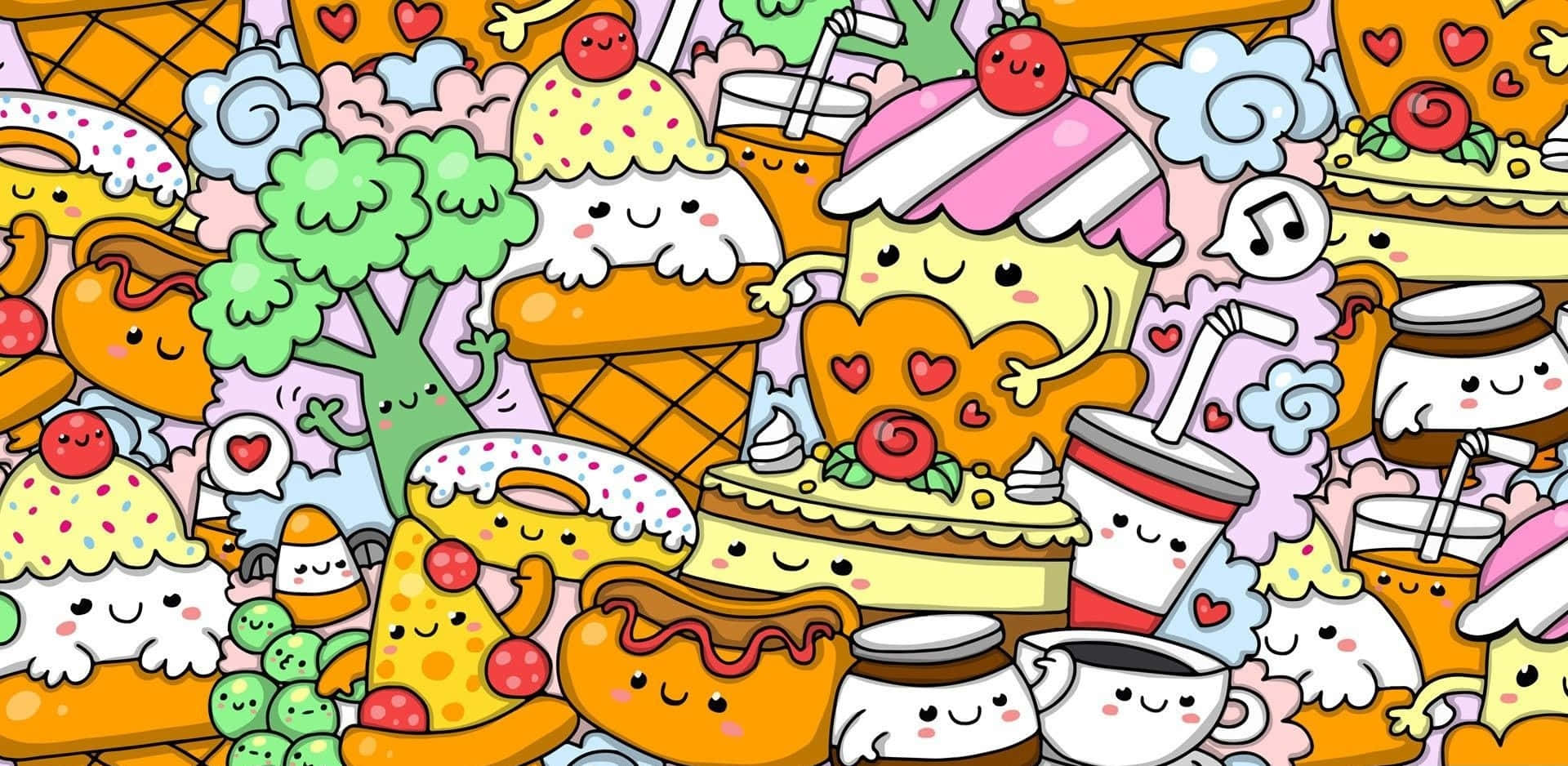 kawaii characters, smiling desserts, hearts, Full HD Desktop Wallpaper