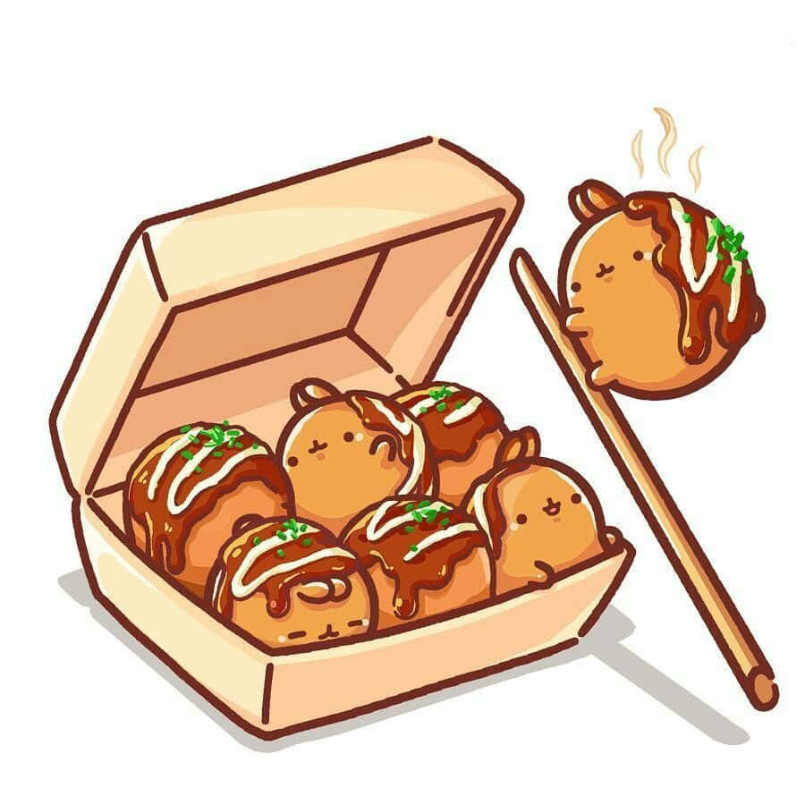 takoyaki, cartoon takoyaki balls with faces, sauce drizzles, SD Desktop Wallpaper