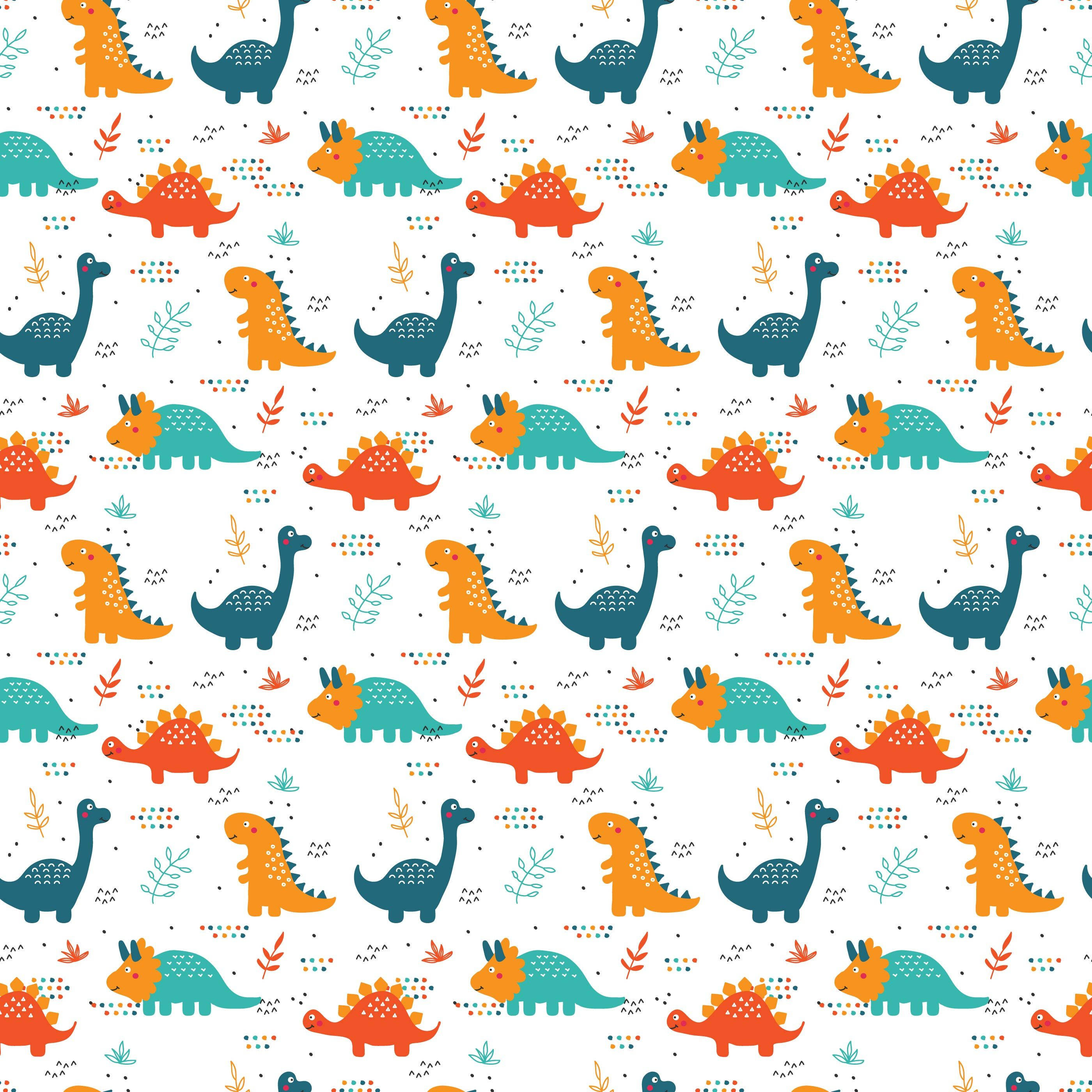 cute dinosaur pattern, colorful cartoon dinosaurs, foliage, 2K Desktop Wallpaper