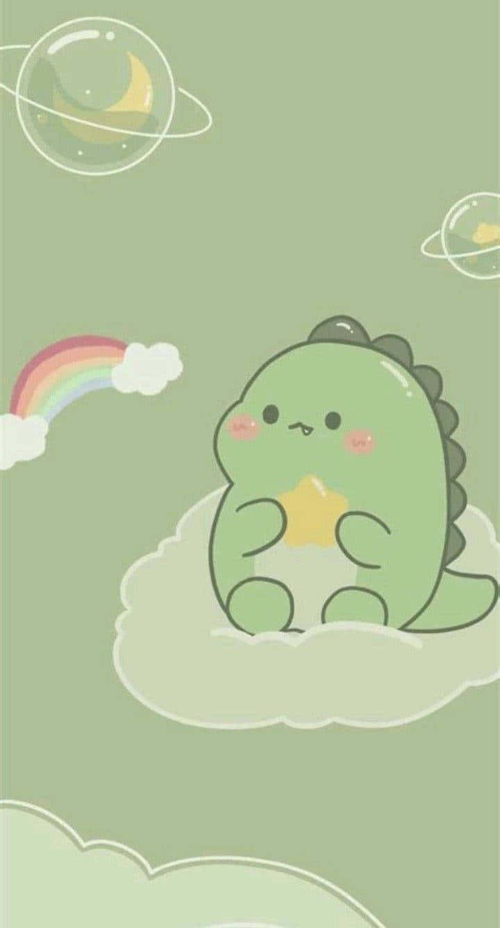 kawaii dinosaur, green cartoon dinosaur, cloud, HD Phone Wallpaper