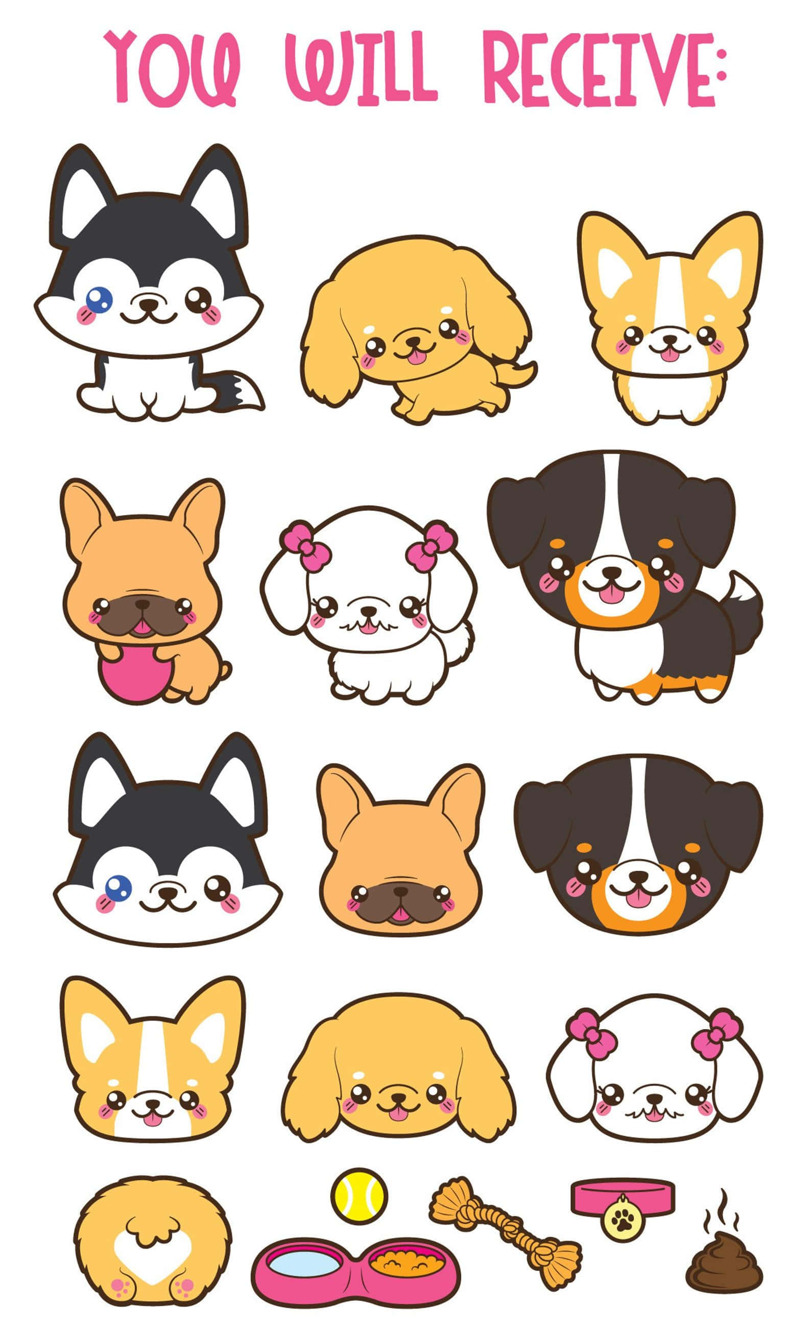 kawaii dog, cute cartoon dogs, big eyes, 2K Phone Wallpaper
