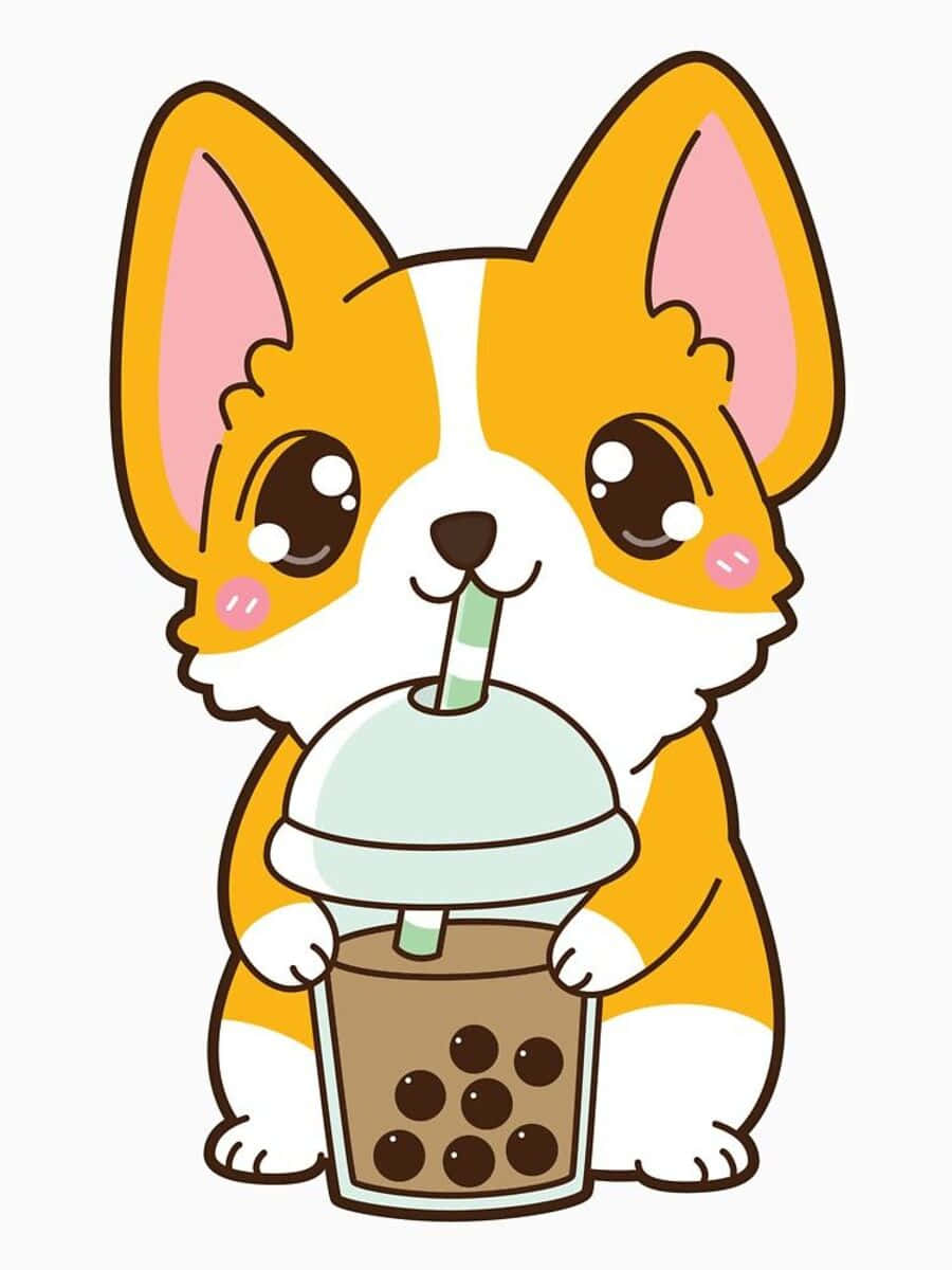 kawaii dog, corgi, bubble tea, SD Phone Wallpaper