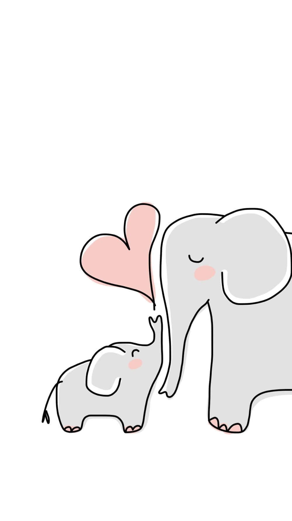 kawaii elephant, cartoon mother and baby elephant, pink heart, HD Phone Wallpaper