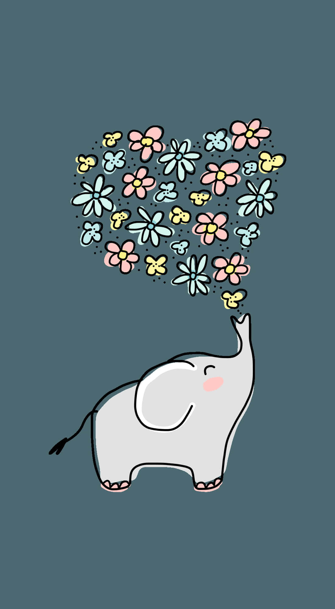 kawaii elephant, heart-shaped cloud, colorful flowers, Full HD Phone Wallpaper