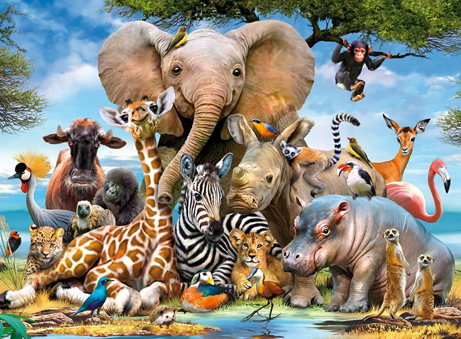 kawaii elephant, pink balloon, jungle scene, HD Desktop Wallpaper