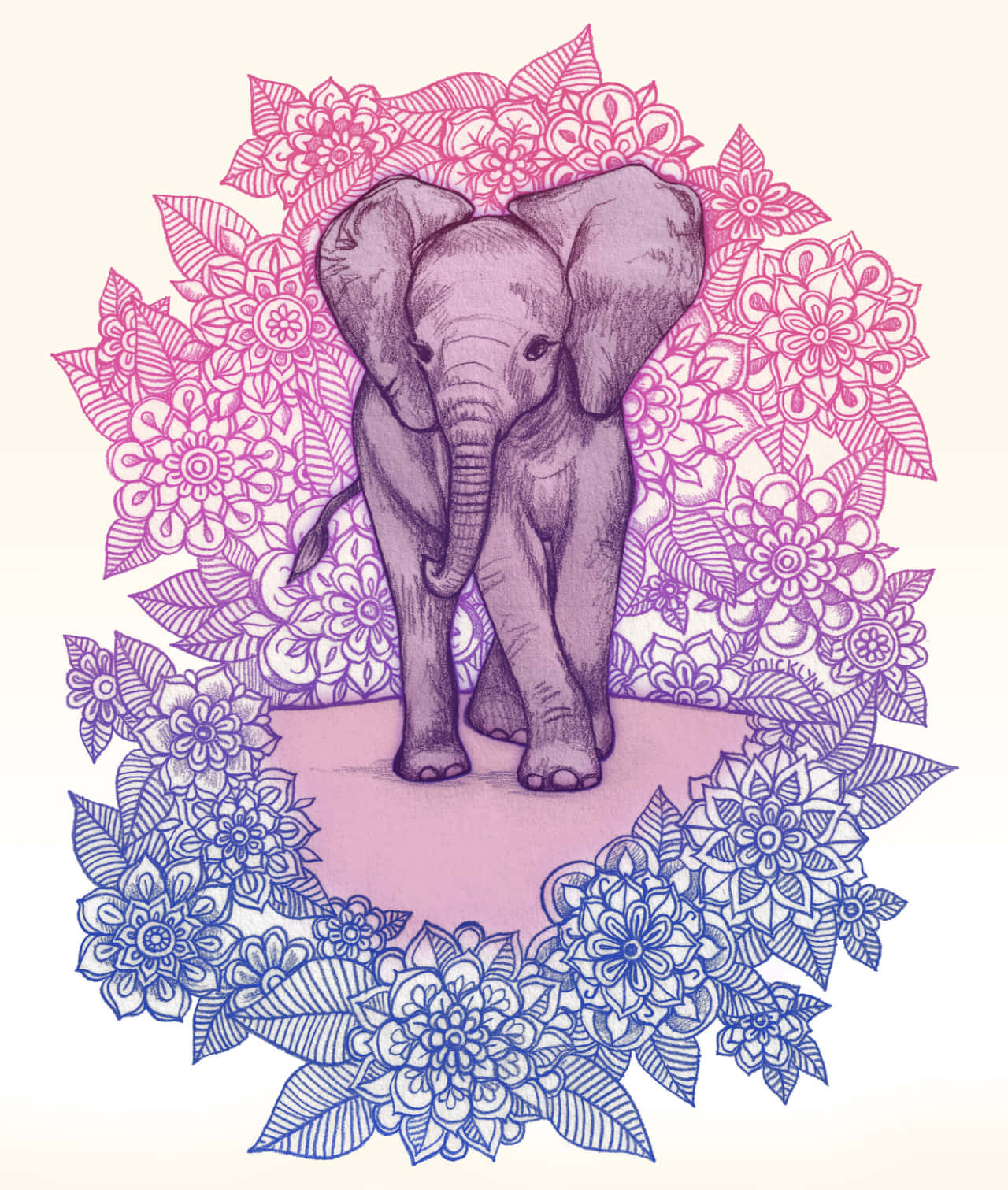 kawaii elephant, line-art elephant, vibrant gradient mandala, HD Phone Wallpaper