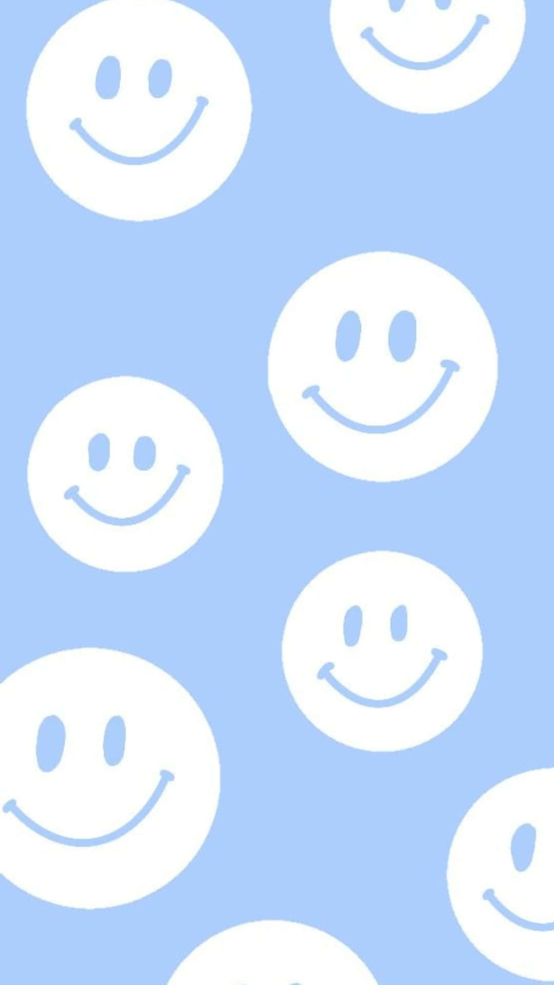 kawaii emoticon, white smiley faces, soft blue background, Full HD Phone Wallpaper