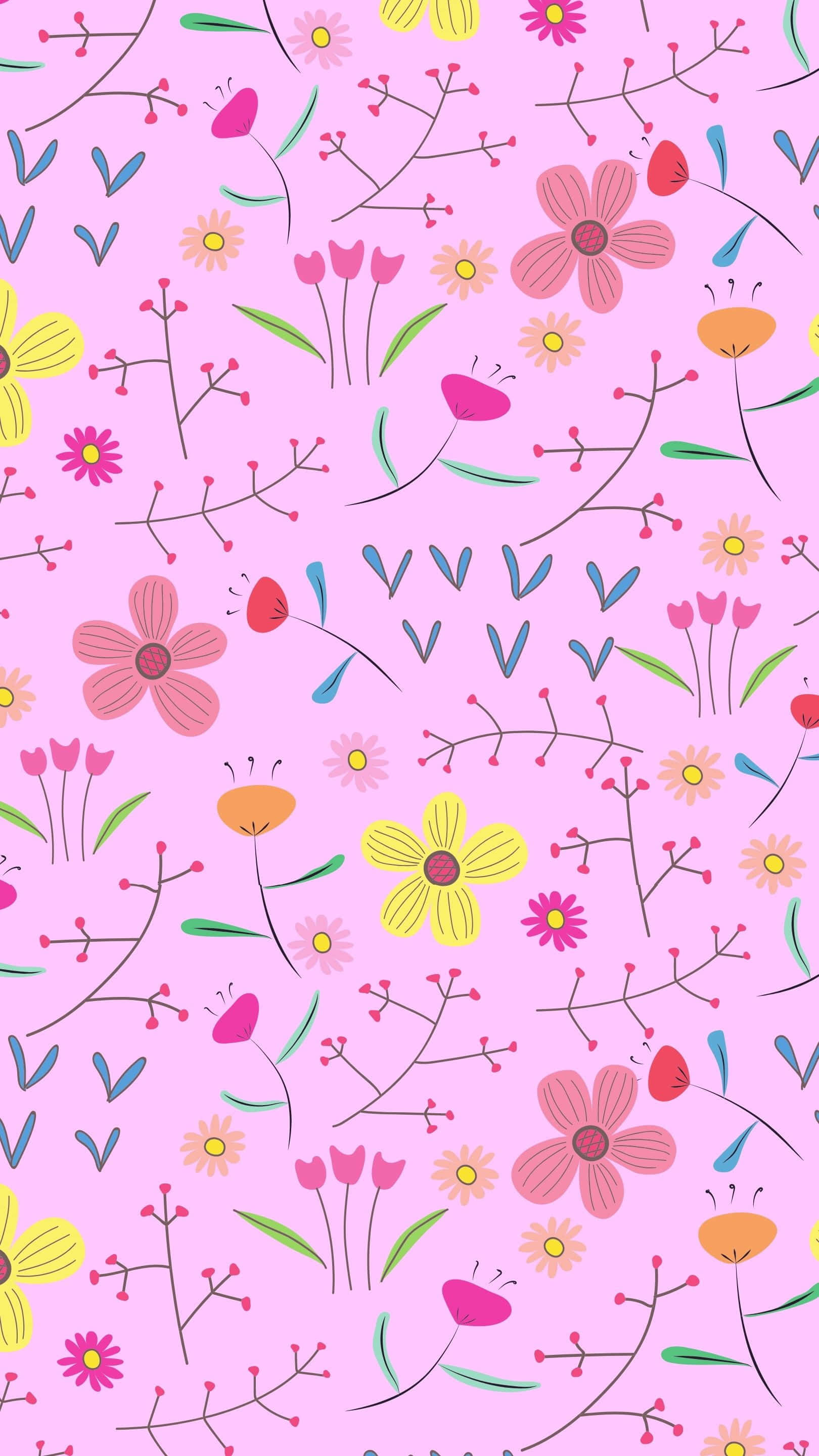kawaii flower, colorful stylized flowers, leaves, 2K Phone Wallpaper