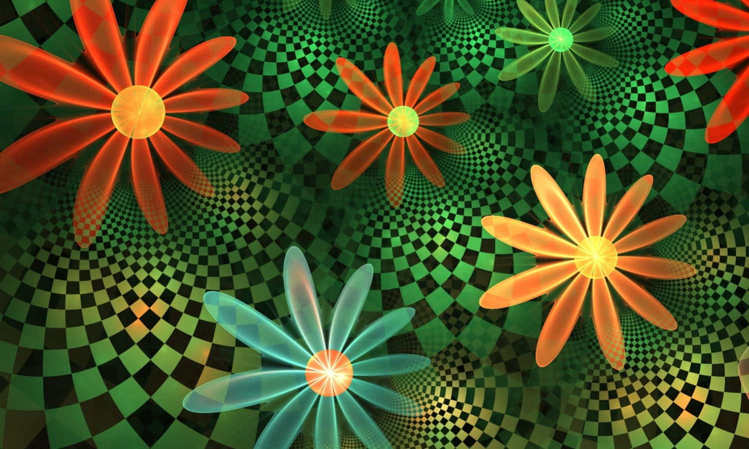 Kawaii Flower, glowing flowers, green and black checkered vortex background, HD Desktop Wallpaper