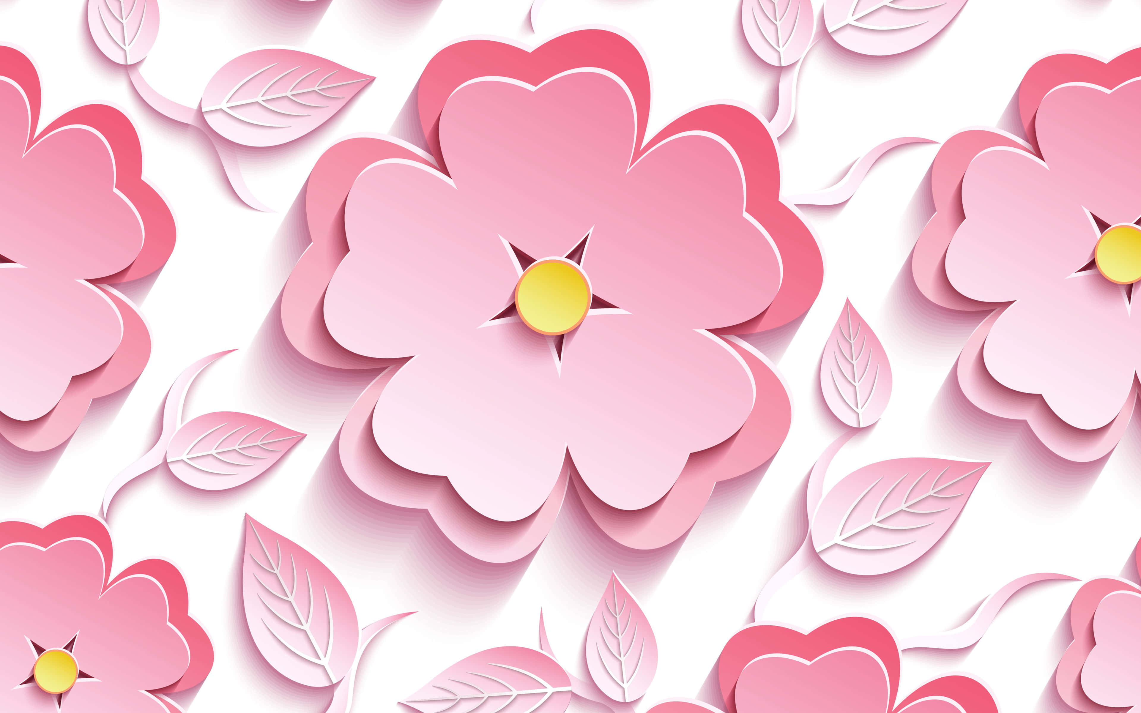 kawaii flower, pink paper-cut flowers, yellow centers, 4K Desktop Wallpaper