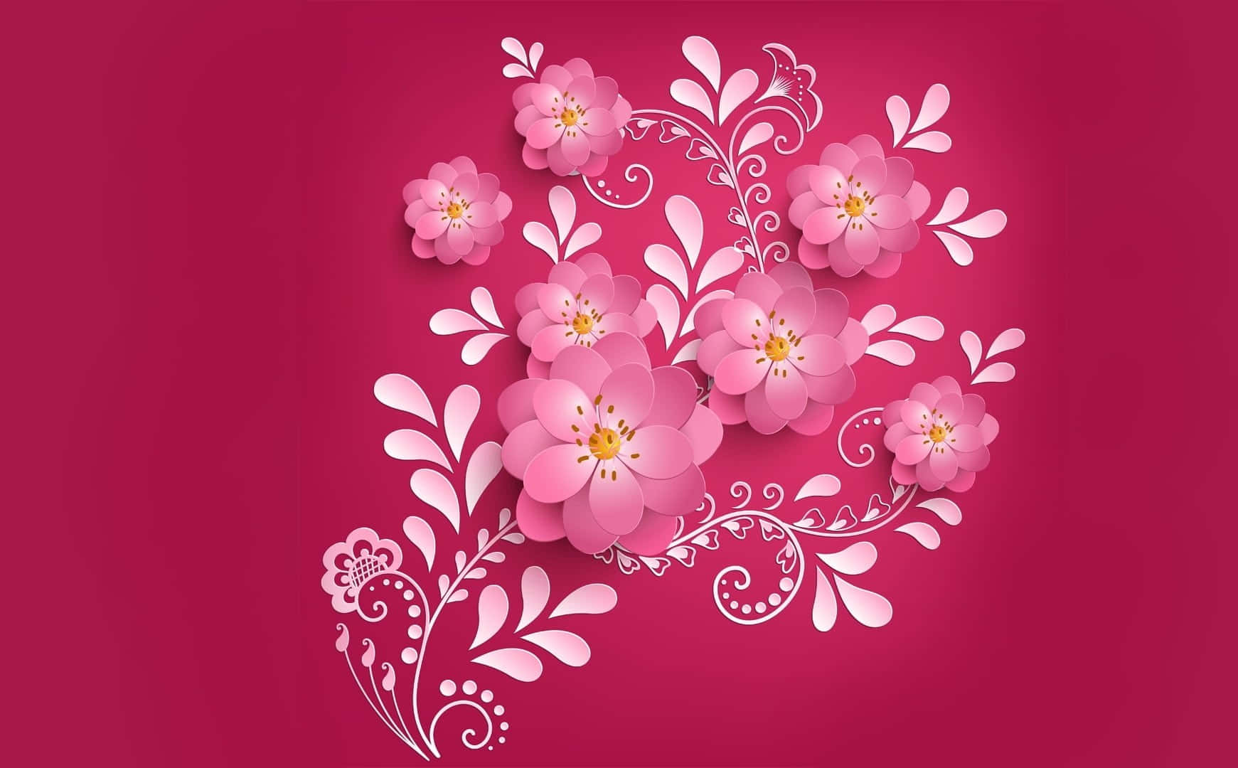 kawaii flower, pink paper-cut flowers, white swirls, HD Desktop Wallpaper