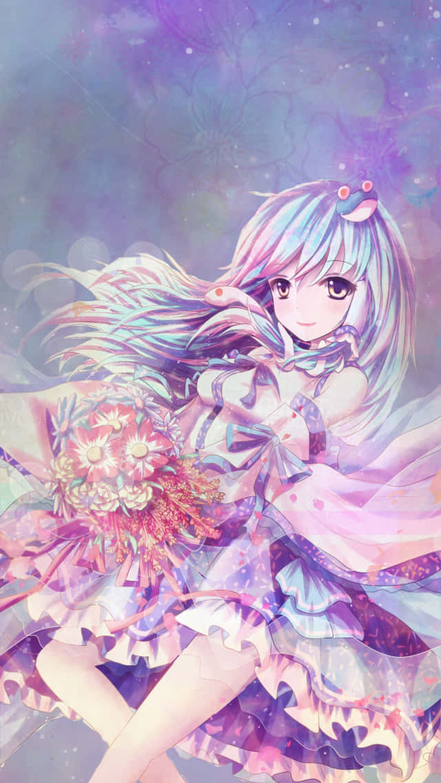 kawaii cute anime flower bouquet, pastel hair, colorful bouquet, SD Phone Wallpaper