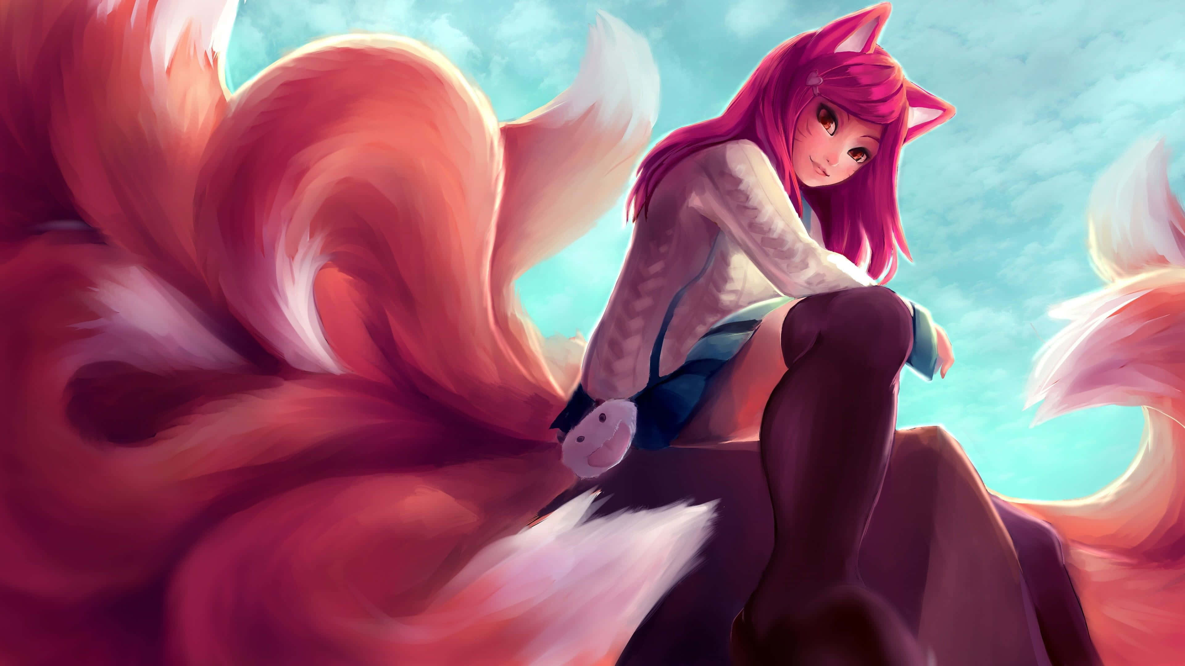 kawaii fox, pink-haired fox girl, massive fluffy tail, 4K Desktop Wallpaper