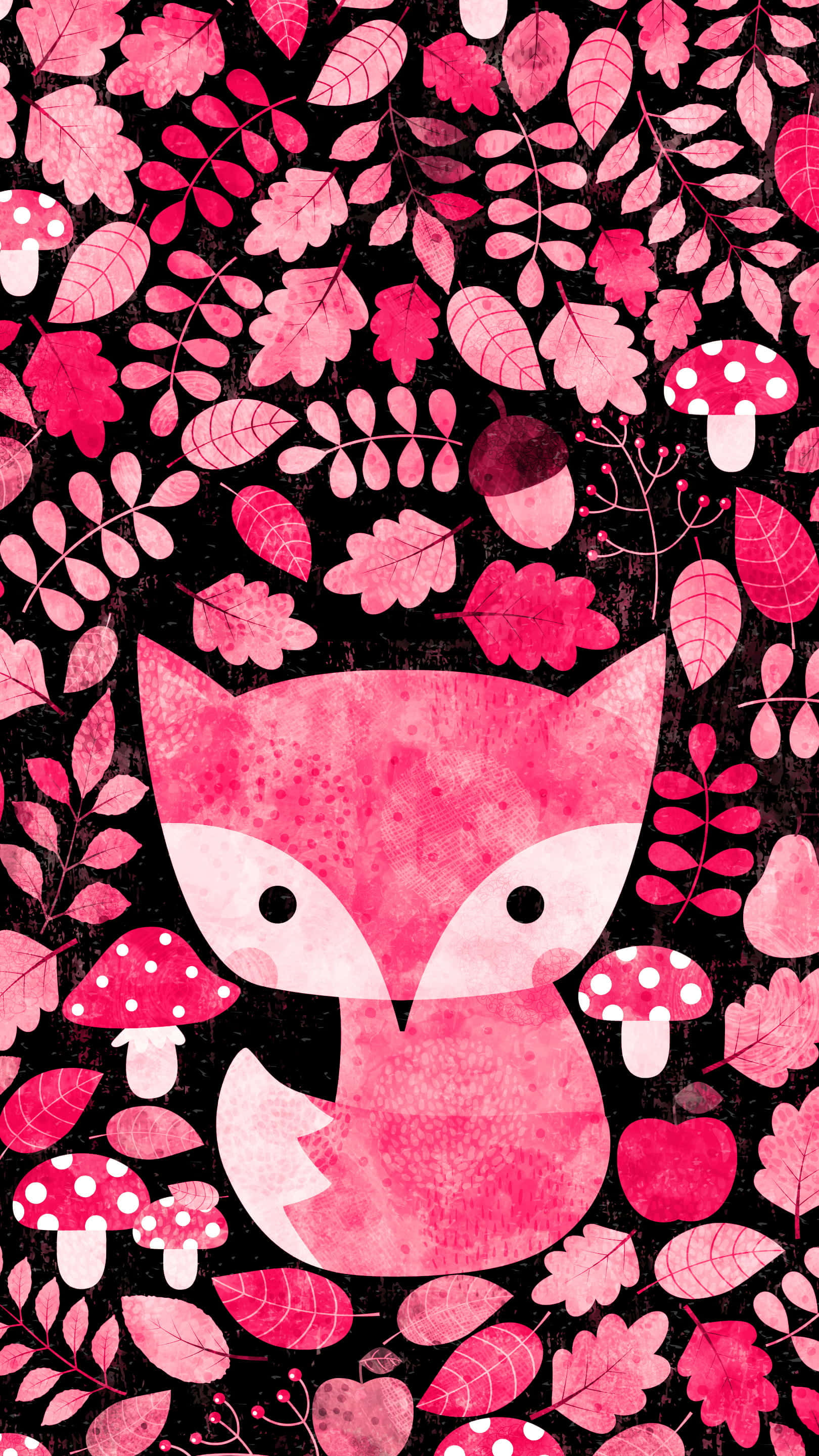 kawaii fox, pink fox, pink leaves, 2K Phone Wallpaper