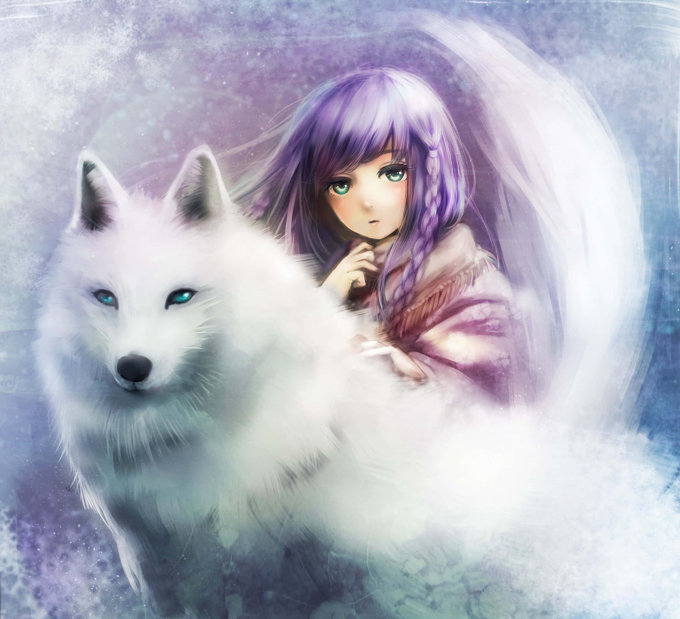 kawaii fox, purple hair, white fox, Full HD Desktop Wallpaper