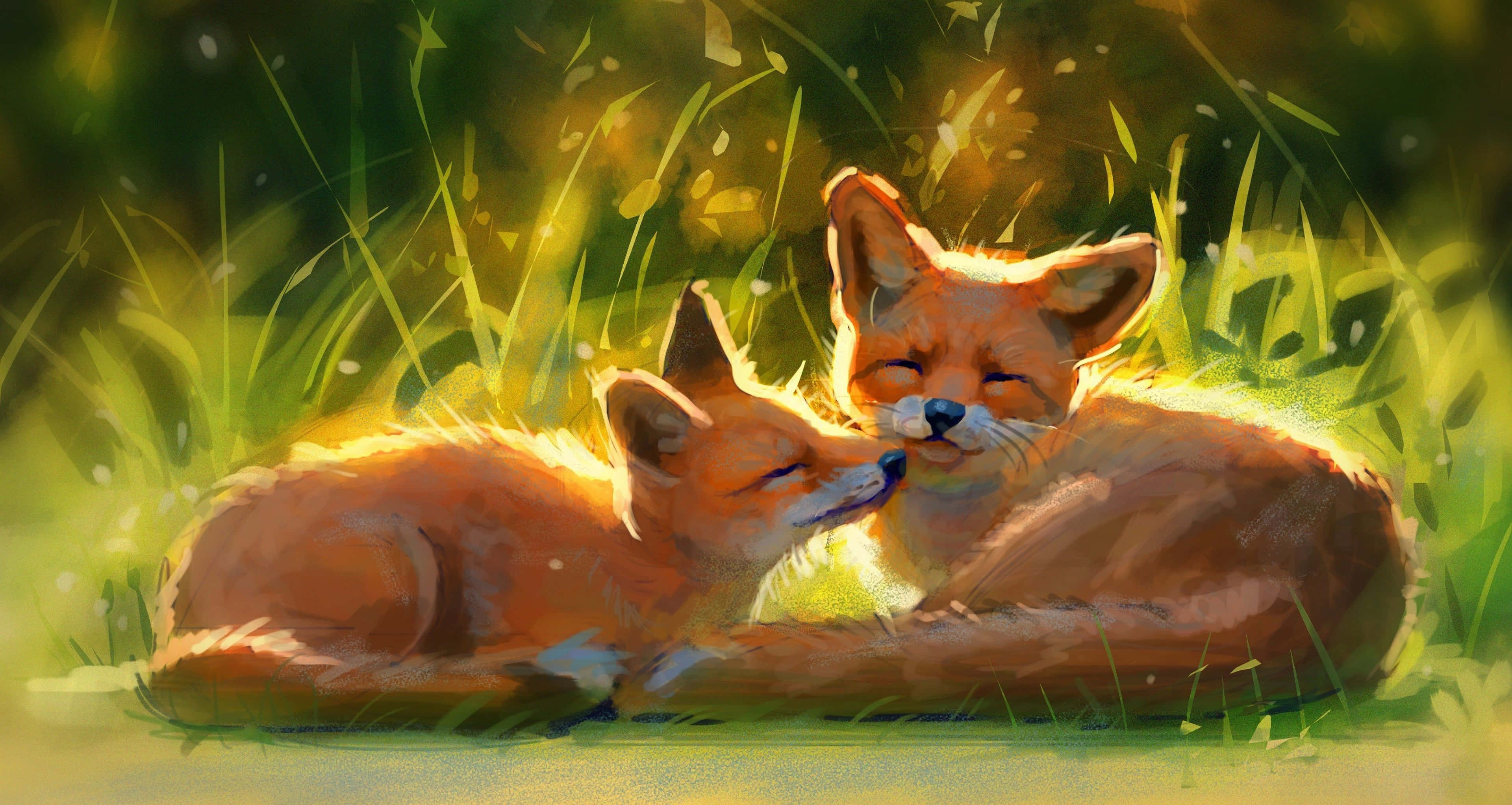 Kawaii Fox, whimsical forest, sunlit grass, 4K Desktop Wallpaper