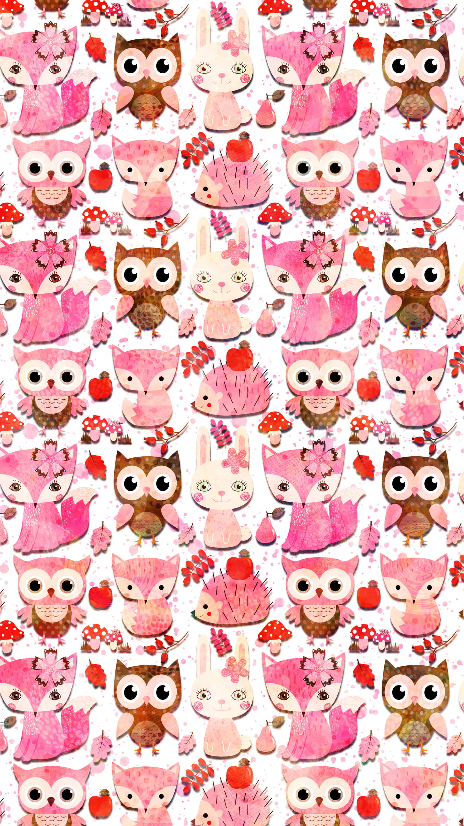 kawaii fox, pink foxes, autumn leaves, 2K Phone Wallpaper