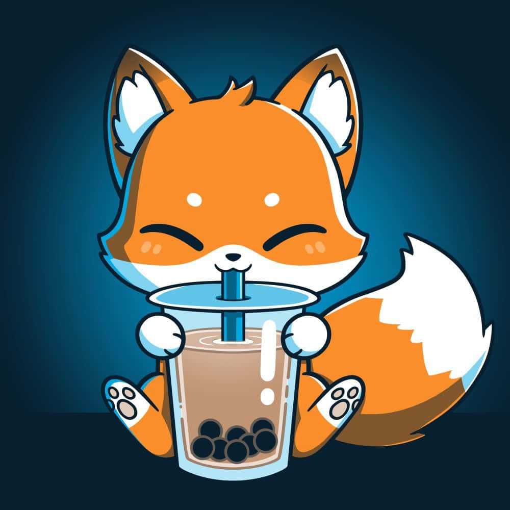 kawaii fox, bubble tea, dark blue background, SD Desktop Wallpaper