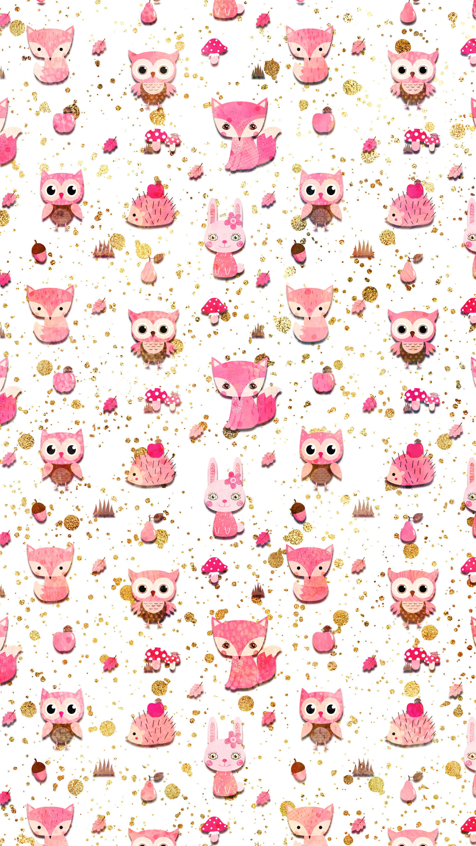 kawaii fox, pink foxes, glittery gold accents, 2K Phone Wallpaper